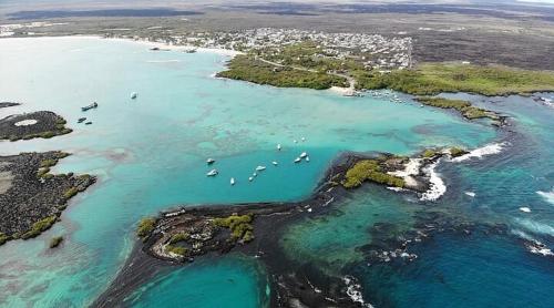 an aerial view of a beach with boats in the water at Isla Sol Boutique in Puerto Villamil