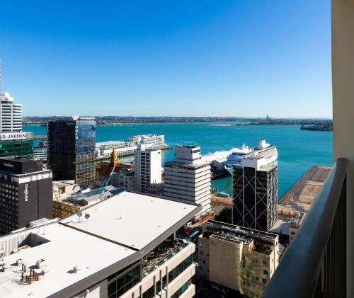 a view of the city from the top of a building at Auckland Harbour Suites in Auckland