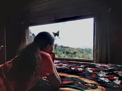eine Frau, die auf dem Boden sitzt und aus dem Fenster schaut in der Unterkunft Finca Virche in Copey