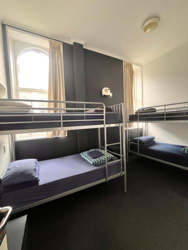 a room with two bunk beds and a window at Nomads Capital Backpackers - Wellington in Wellington