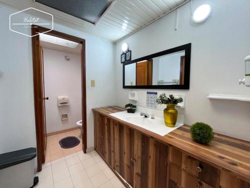 a bathroom with a sink and a mirror at Hotel Habitat Hospedaje in Bogotá