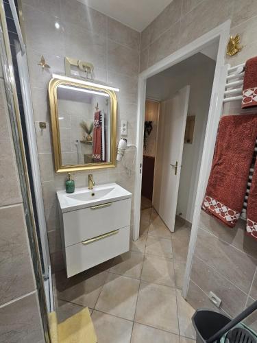 a bathroom with a white sink and a mirror at TropiKana in Courcouronnes