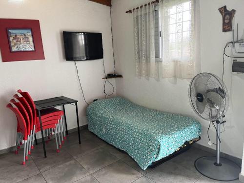 1 dormitorio con 1 cama, escritorio y ventilador en COMPLEJO AyH, en Malagueño