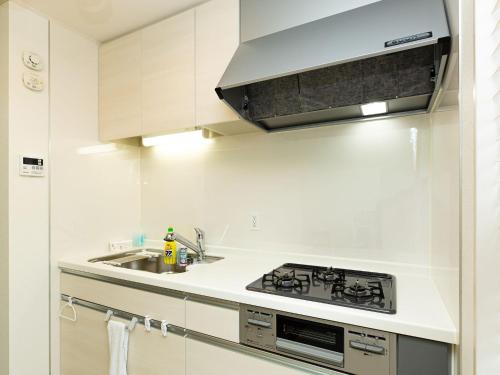 a white kitchen with a stove and a sink at Kinugawa Station Front room A in Nikko