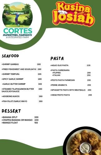 a menu for the rishi joshi restaurant at Cortes Rupertmel Fairways and Integrated Farm in Sampong