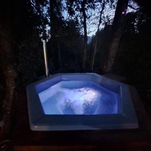 a blue bath tub in the woods at night at Cabaña Borde Río para 6 in Licán Ray
