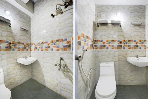 two pictures of a bathroom with a toilet and sink at Super Townhouse Balaji Dental College Pallikarani Formerly Orchid Sankrish in Chennai