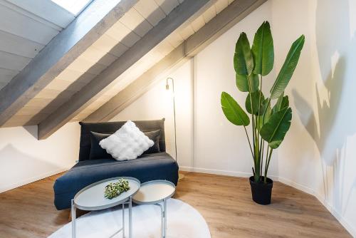 a living room with a blue couch and a plant at City-Maisonette 2 in Schaffhausen