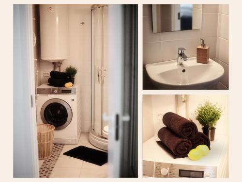 twee foto's van een badkamer met een wasmachine en een wastafel bij Nora Lemon in Nida