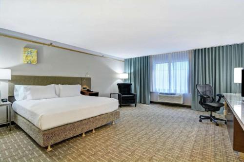 a large hotel room with a bed and a desk at Hilton Garden Inn Oshkosh in Oshkosh