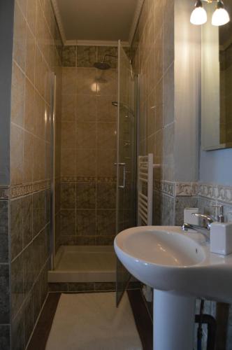 une salle de bain avec un lavabo et une douche dans l'établissement La Vieille Distillerie, à Le Tâtre