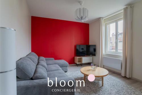 a living room with a gray couch and a red wall at Le Solignac appartement neuf et tout équipé in Nancy