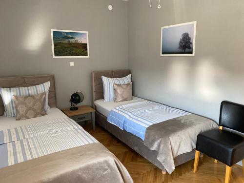 Una habitación con dos camas y una silla dentro. en Villa Moderna Belišće, en Belišće