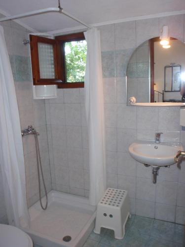 a bathroom with a shower and a sink at Petrouda's Apartments in Samothraki