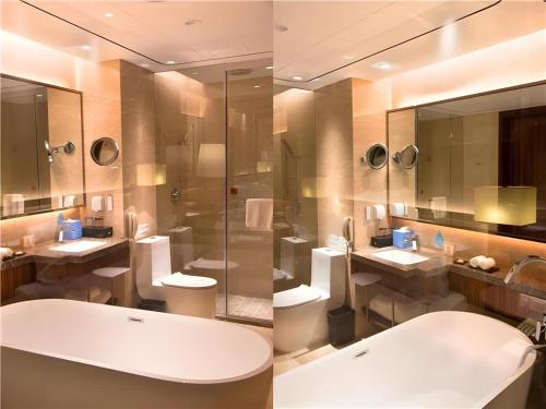 two pictures of a bathroom with two sinks and a tub at Clear Lake Hotel in Shanwei