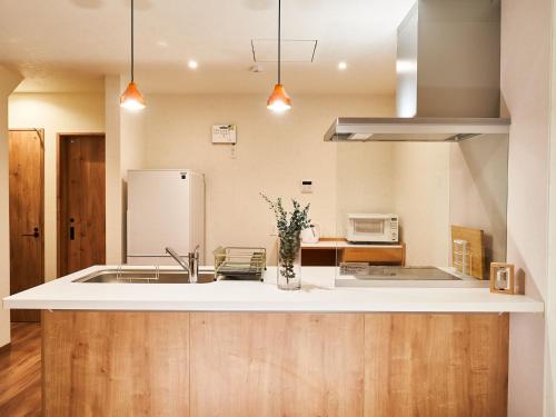 a kitchen with a sink and a refrigerator at Rakuten STAY HOUSE Kujukuri Ichinomiya 101 3LDK with BBQ terrace in Ichinomiya