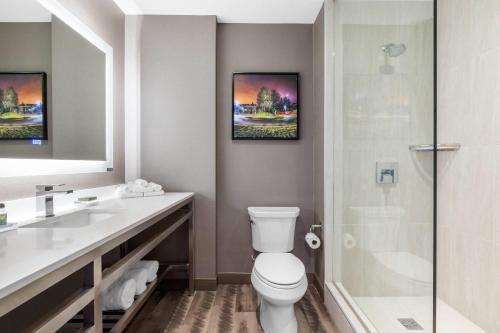 a bathroom with a toilet and a shower at Cambria Hotel College Park in College Park
