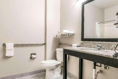a bathroom with a toilet and a sink and a mirror at Suburban Studios Mason Hwy 42 in Mason