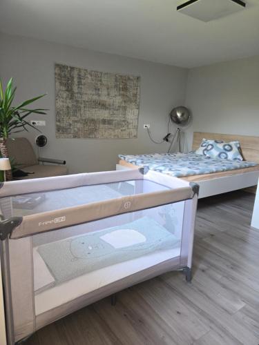 a bedroom with a bed and a dresser in it at Apartma dolgi most in Ljubljana