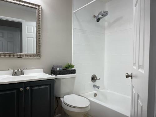 a bathroom with a toilet and a sink and a mirror at Pool Home at Busch Gardens USF in Tampa