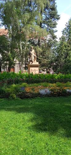 a statue in a park with green grass and flowers at Ubytování v srdci Písku in Písek