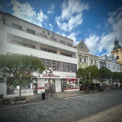 a large white building on a city street at Ubytování v srdci Písku in Písek