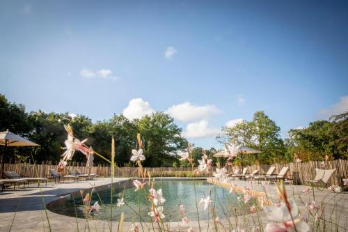 a pool at a resort with flamingos in the water at Les Hayes en Sologne in Fontaines-en-Sologne