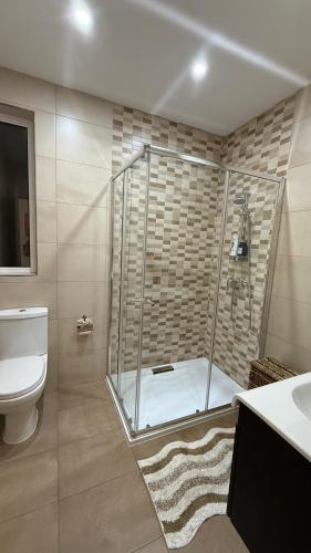 a bathroom with a shower and a toilet and a sink at Seabreeze Marsaxlokk Apartment in Marsaxlokk
