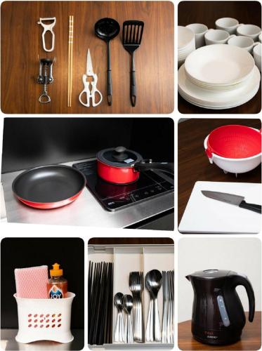 a collage of pictures of kitchen utensils and appliances at Volcano - Vacation STAY 89669 in Kagoshima