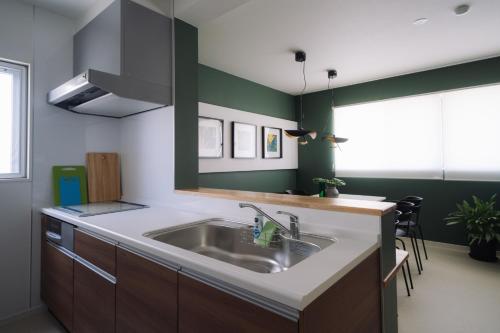 Jimaにある257-1 - Vacation STAY 91234の緑の壁、シンク付きのキッチン