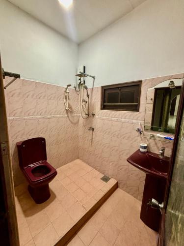 a bathroom with a shower with a toilet and a sink at The Travel Inn in Ahangama