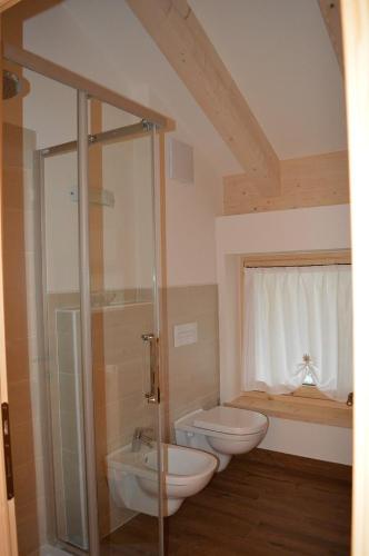 a bathroom with two toilets and a glass shower at Chalet Serena in Roncegno
