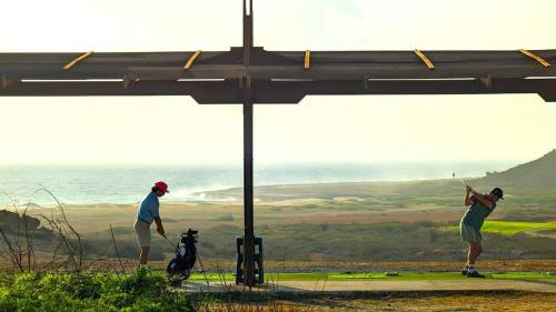 two men playing golf with a dog on a golf course at 5BR Villa with Pool & Patio at Casa Eloisa by Bocobay in Oranjestad