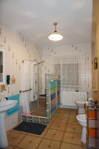 a bathroom with a shower and a toilet and a sink at Casa Rural RosaVera in Ossa de Montiel