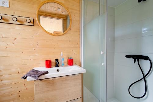een badkamer met een wastafel en een douche bij La Tiny d'Utah Beach - Proche de la plage in Sainte-Marie-du-Mont