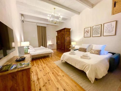 a large room with two beds and a table at Les Herbes Blanches - Gîte privé - calme & nature, rivière in Grospierres