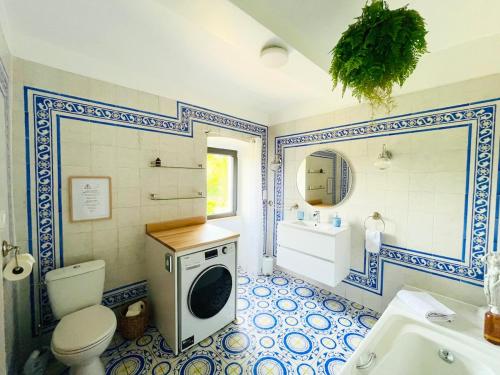 a bathroom with a toilet and a washing machine at Les Herbes Blanches - Gîte privé - calme & nature, rivière in Grospierres