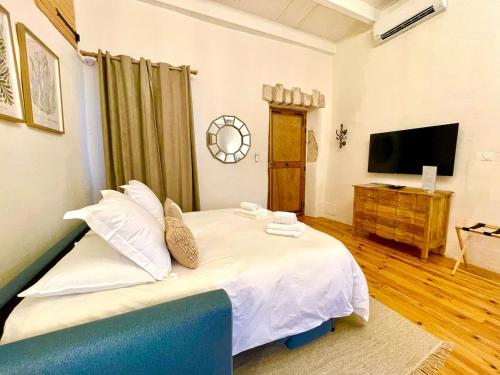 a bedroom with a large white bed with a television at Les Herbes Blanches - Gîte privé - calme & nature, rivière in Grospierres