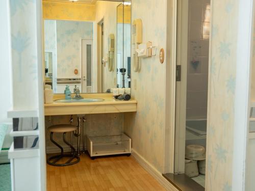 a bathroom with a sink and a mirror and a shower at Farm Garden Hotel in Numazu