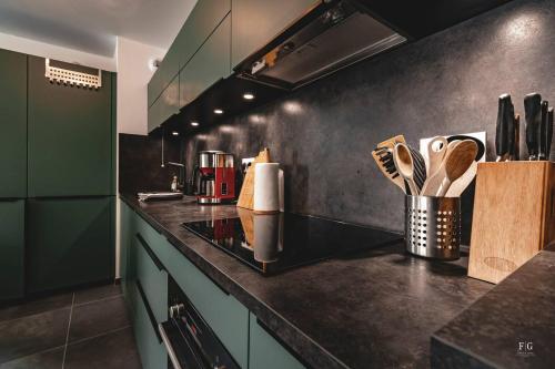 a kitchen with black counter tops and green cabinets at Le Doran - Terrasse & Vue Mont Blanc in Sallanches