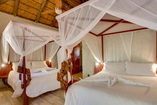 a bedroom with two beds with mosquito nets at Kubu Safari Lodge in Hoedspruit