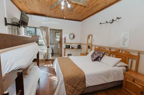 a bedroom with a bed and a ceiling fan at CASTLE WITH A VIEW in Bloemfontein