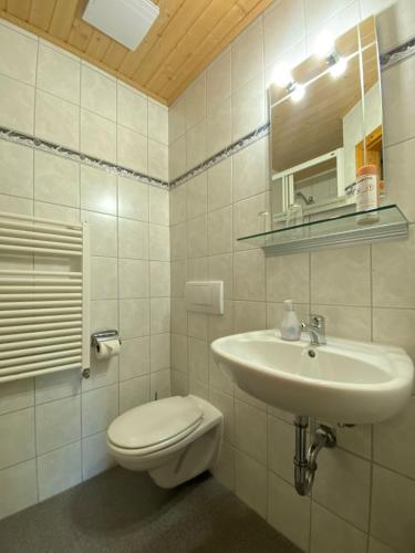 a white bathroom with a toilet and a sink at RATAGS Kunsthandwerkerhaus in Langenwolmsdorf