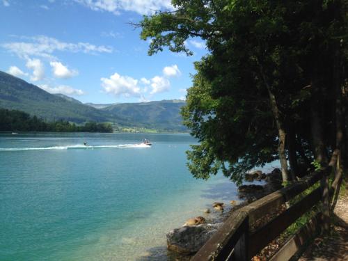 a view of a lake with a boat in the water at Abis Ferienwohnung Salzkammergut in Strobl