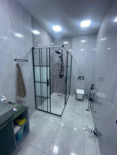 a bathroom with a shower and a toilet at Süvalan in Baku