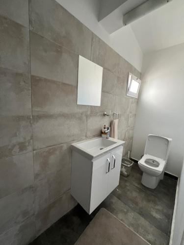 a bathroom with a white sink and a toilet at 3artı1 iki katlı daire in Aglantzia