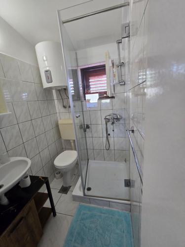 a bathroom with a shower and a toilet and a sink at Apartmani Nika in Tribunj