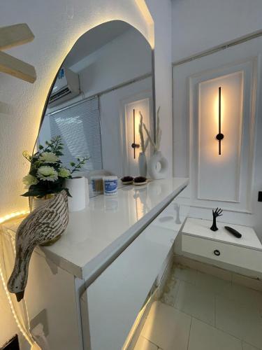 カラチにあるLuxury studio in Dha phase 6の白いキッチン(花瓶付きカウンター付)