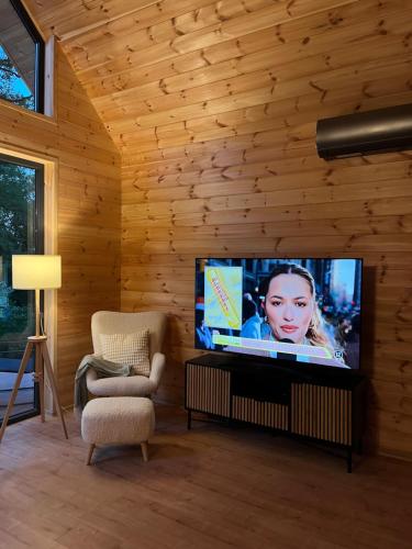 a living room with a flat screen tv in a wooden wall at Oaklounge Apartman in Kismaros