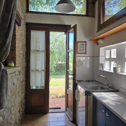 a kitchen with a sink and a door to a yard at Agriturismo Cornieto in Monteleone dʼOrvieto